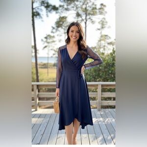 Beautiful Olivia Dean Style Vintage Navy Wrap Dress with Sheer Sleeves S/XS